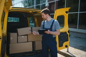 delivery service employee. Portrait of man working in delivery service photo