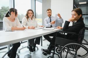 Corporate business team and in a meeting at modern office with big windows . High quality photo