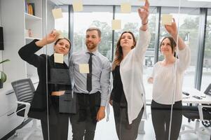 Corporate business team and in a meeting at modern office with big windows . High quality photo