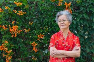 Cheerful Asian senior woman wearing a traditional cheongsam qipao dress, arms crossed, smiling, and looking at the camera while standing in a garden. Concept of aged people and Chinese new year photo