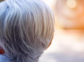 espalda ver de cabeza un mayor mujer con luz de sol. atención en gris cabello. espacio para texto. concepto de Envejecido personas y cuidado de la salud foto