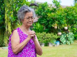 An elderly Asian woman praying while standing in a garden. Space for text. Concept of aged people and healthcare photo