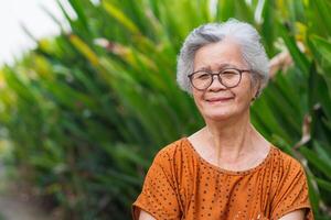 Portrait of a happy senior woman with short gray hair wearing glasses, smiling and looking at the camera while standing in a garden. Space for text. Concept of aged people and healthcare photo