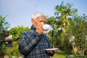 Portrait of an elderly man holding a cup of coffee and looking away while standing in a garden. Concept of aged people and relaxation photo