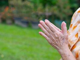 Close-up of senior woman's hands joined together for praying while standing in a garden. Focus on hands wrinkled skin. Space for text. Concept of aged people and healthcare photo