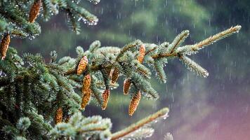 Rain-Kissed Pine Cones Amidst the Spruce photo