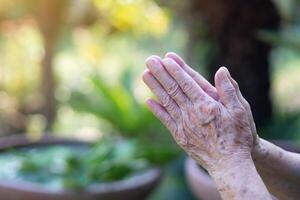 de cerca de manos mayor mujer unido juntos para orar mientras en pie en un jardín. atención en manos arrugado piel. espacio para texto. concepto de Envejecido personas y religión foto