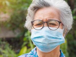 Portrait of a senior wearing a face mask and looking at the camera while standing in a garden. Mask for protection of Covid-19, virus, coronavirus, etc. Concept of aged people and healthcare photo