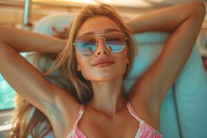 Close up portrait of a young woman patient receiving a laser treatment in a spa salon. photo