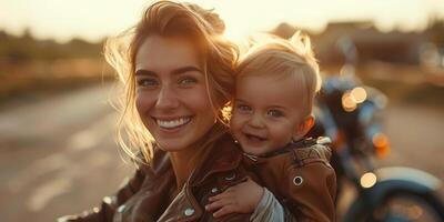 smiling woman wearing leather jacket and her toddler , motorbike in the background. photo