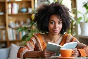 joven mujer leyendo un libro a hogar. foto