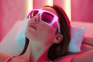 Close up portrait of a young woman patient receiving a laser treatment in a spa salon. photo