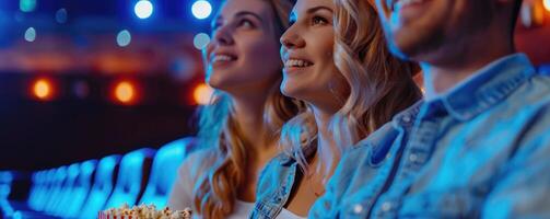 friends laughing while watching movie in cinema. photo