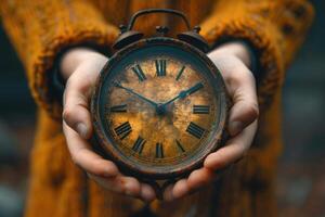 hands holding clock. photo