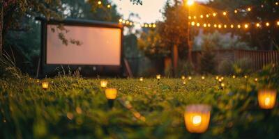 blurred blank white screen outdoors in grass park. outdoor cinema, big screen show, focus on foreground. photo