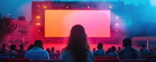 people watching outdoor cinema, big screen show. view from behind. photo