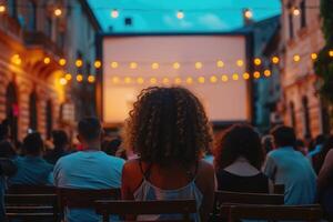 people watching outdoor cinema, big screen show. view from behind. photo