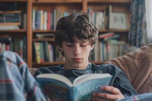 adolescente chico leyendo un libro a hogar. foto