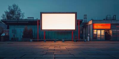 blanco blanco pantalla al aire libre en verde césped parque. al aire libre cine, grande pantalla espectáculo. foto