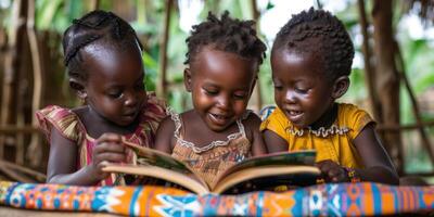 Cute children reading a book and smiling while sitting outdoors . photo