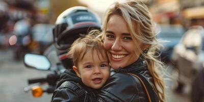 smiling woman wearing leather jacket and her toddler , motorbike in the background. photo