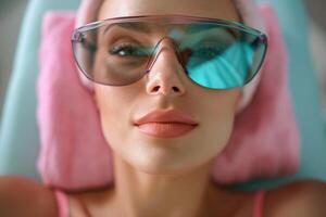 Close up portrait of a young woman patient receiving a laser treatment in a spa salon. photo