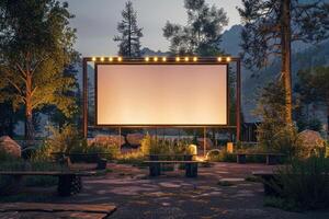 blanco blanco pantalla al aire libre en verde césped parque. al aire libre cine, grande pantalla espectáculo. foto