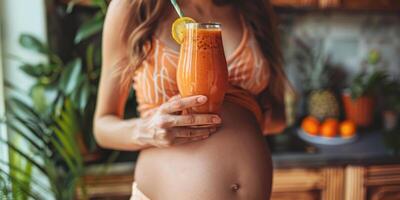 contento embarazada mujer Bebiendo verde vegetal jugo o zalamero a hogar. foto