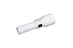 Modern metal LED flashlight in white color. Portable flashlight isolate on a white back photo