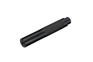 Black silencer for weapons. Suppressor that is at the end of an assault rifle. Isolate on a white back. photo