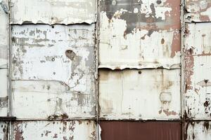 Vintage background of different old metal sheets fastened together with nails and rivets. Texture of rust and cracked paint on a metal surface. photo