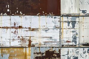 Vintage background of different old metal sheets fastened together with nails and rivets. Texture of rust and cracked paint on a metal surface. photo