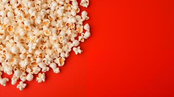 Popcorn scattered on a red background. A classic movie theater snack. View from above. photo