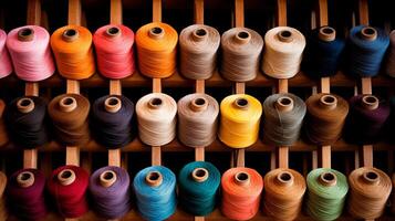 Multicolored yarn spools used in textile industry. Set of colored threads for sewing on coils. Pile of big colorful spools of thread. Colored thread spools of thread large class, textiles, background. photo