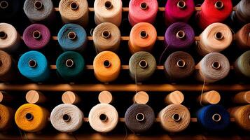 Multicolored yarn spools used in textile industry. Set of colored threads for sewing on coils. photo