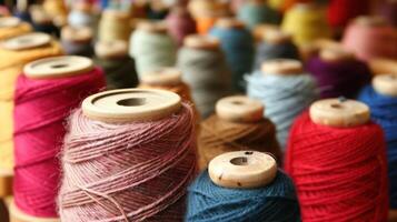 multicolor hilo carretes usado en textil industria. conjunto de de colores hilos para de coser en bobinas pila de grande vistoso carretes de hilo. de colores hilo carretes de hilo grande clase, textiles, espalda foto