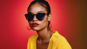 foto de hermosa africano mujer con estilo Gafas de sol en pie en contra rojo y amarillo fondo,