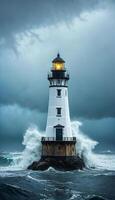 photo of landscape scene solitary lighthouse in ocean environment,