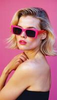 photo of beautiful woman with blonde hair and style sunglasses standing against pink background,