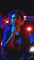 photo of portrait close up view of criminal suspect in crime scene standing in front of police car at night and red blue light,