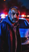 photo of portrait close up view of criminal suspect in crime scene standing in front of police car at night and red blue light,