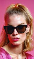 photo of beautiful woman with blonde hair and style sunglasses standing against pink background,