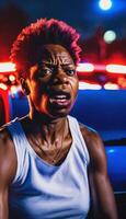 photo of portrait close up view of criminal suspect in crime scene standing in front of police car at night and red blue light,