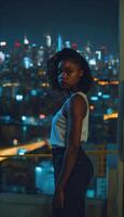 photo of beautiful adult african woman standing posing for picture at night future city in background,