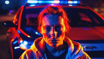 photo of portrait close up view of criminal suspect in crime scene standing in front of police car at night and red blue light,