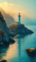 photo of landscape scene solitary lighthouse in ocean environment,