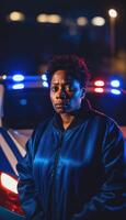 photo of portrait close up view of criminal suspect in crime scene standing in front of police car at night and red blue light,