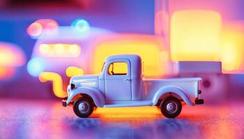 photo of mini truck toy with glowing light,