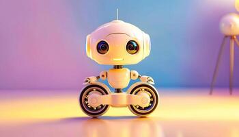 photo of robot with wheels with glowing light,