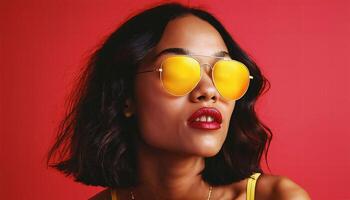 photo of beautiful african woman with style sunglasses standing against red and yellow background,